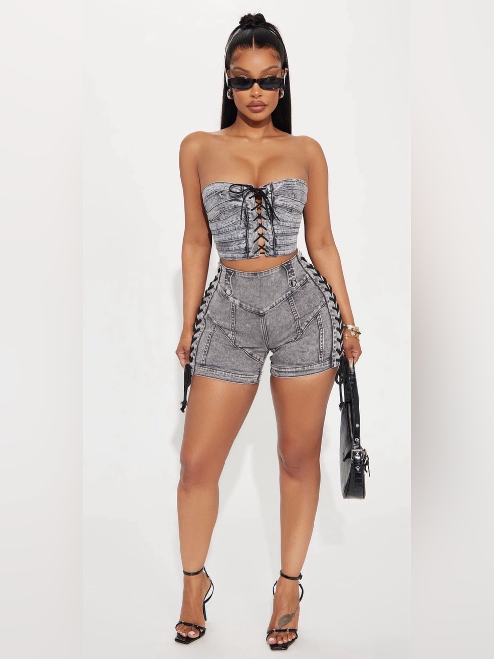 Fashion Nova Washed Gray Lace-Up Denim Shorts